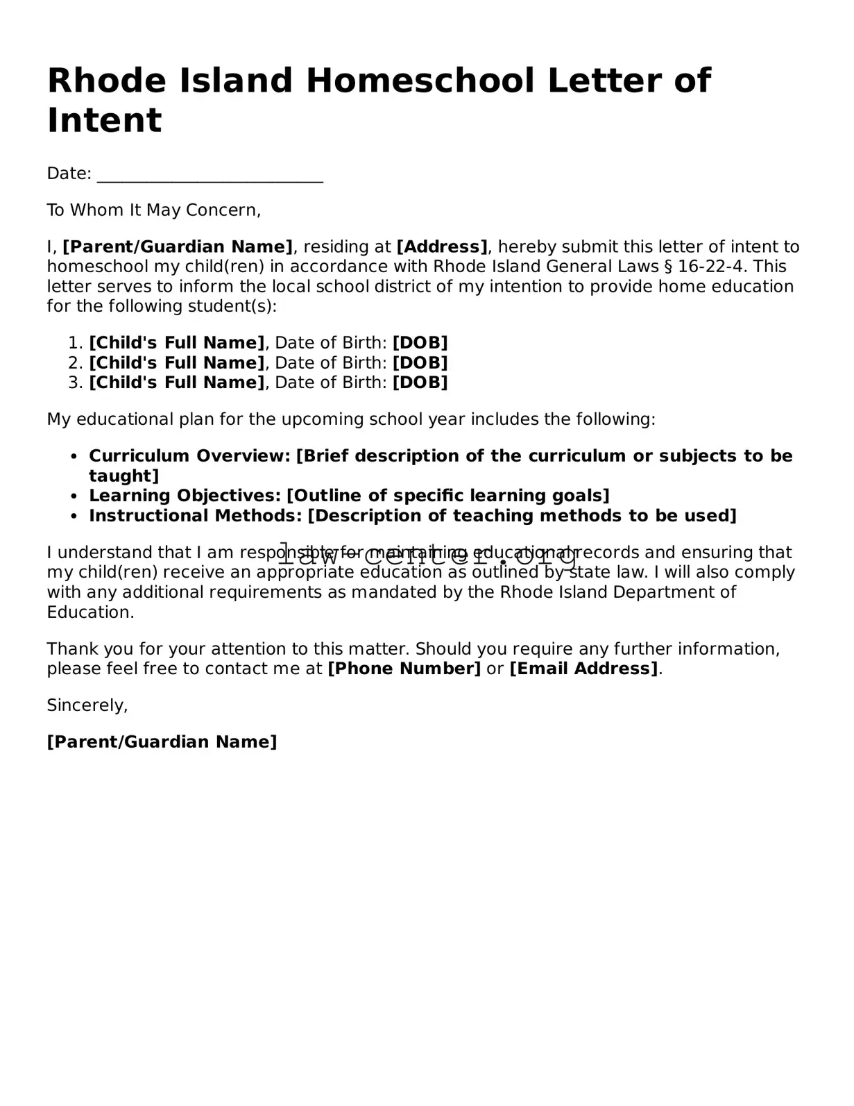 Attorney-Approved Rhode Island Homeschool Letter of Intent Document