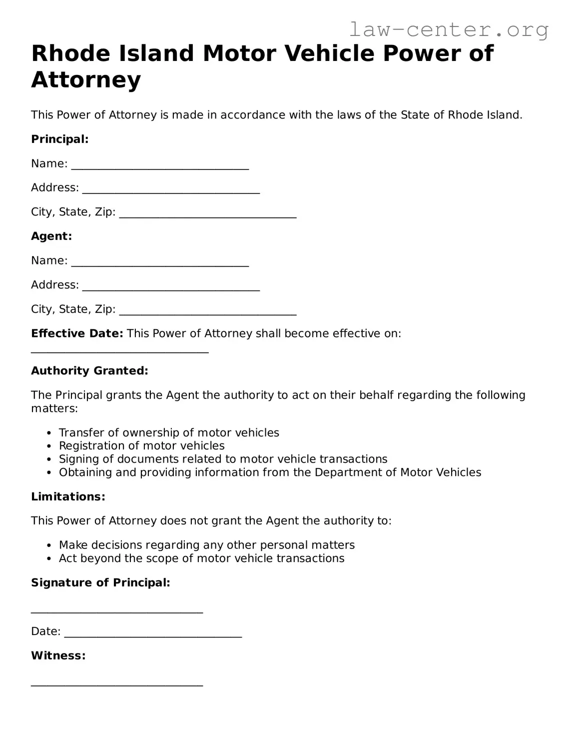 Attorney-Approved Rhode Island Motor Vehicle Power of Attorney Document