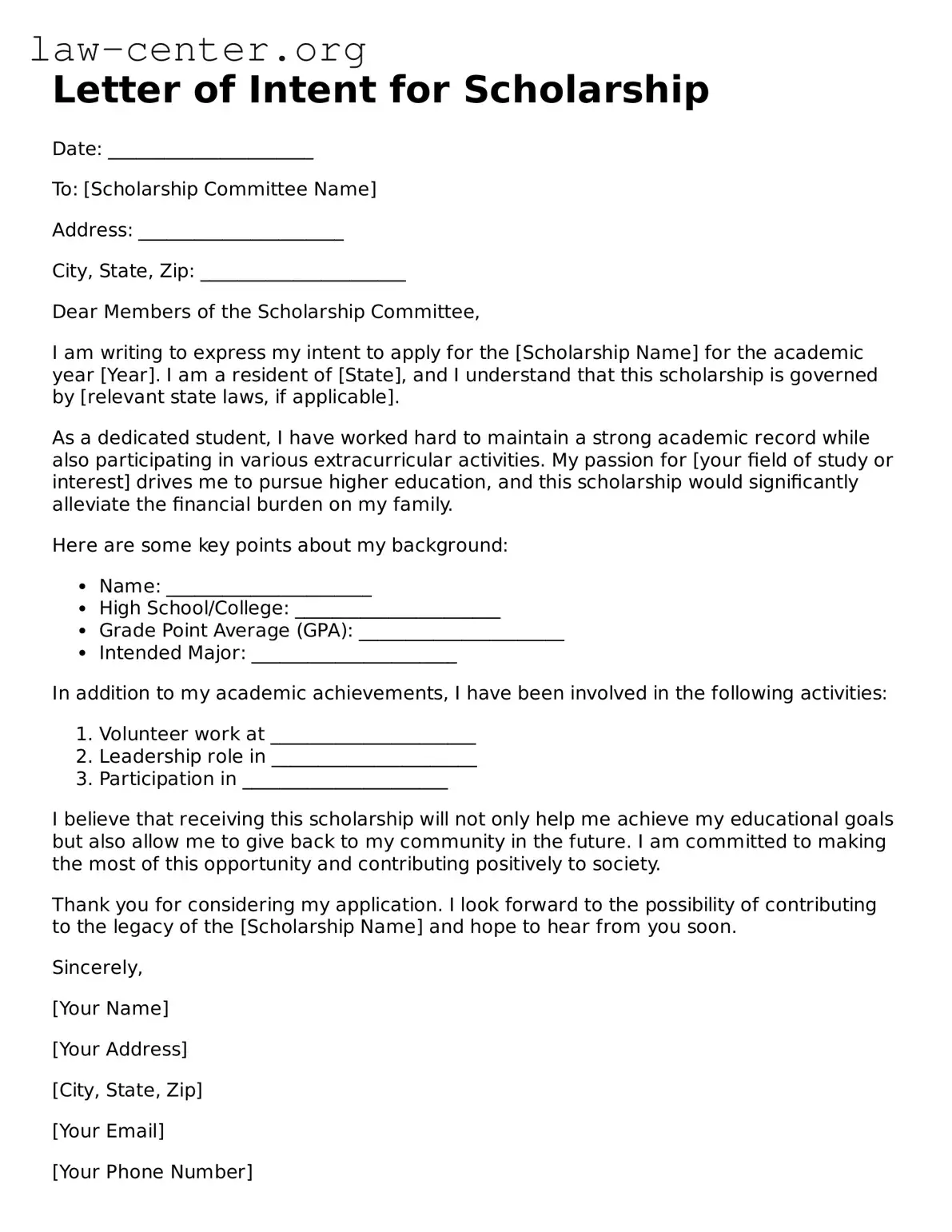 Free Letter of Intent For Scholarship Template