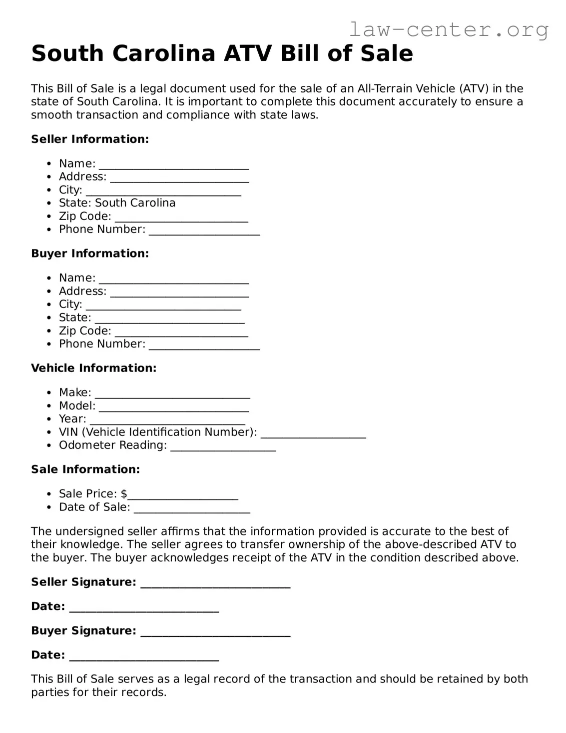 Attorney-Approved South Carolina ATV Bill of Sale Document