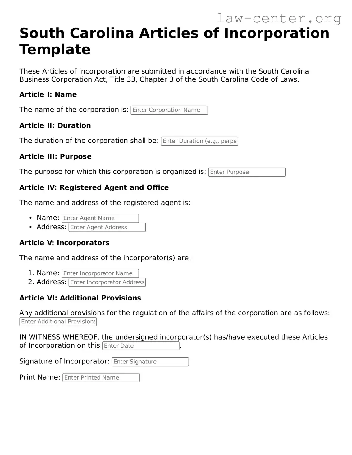 Attorney-Approved South Carolina Articles of Incorporation Document