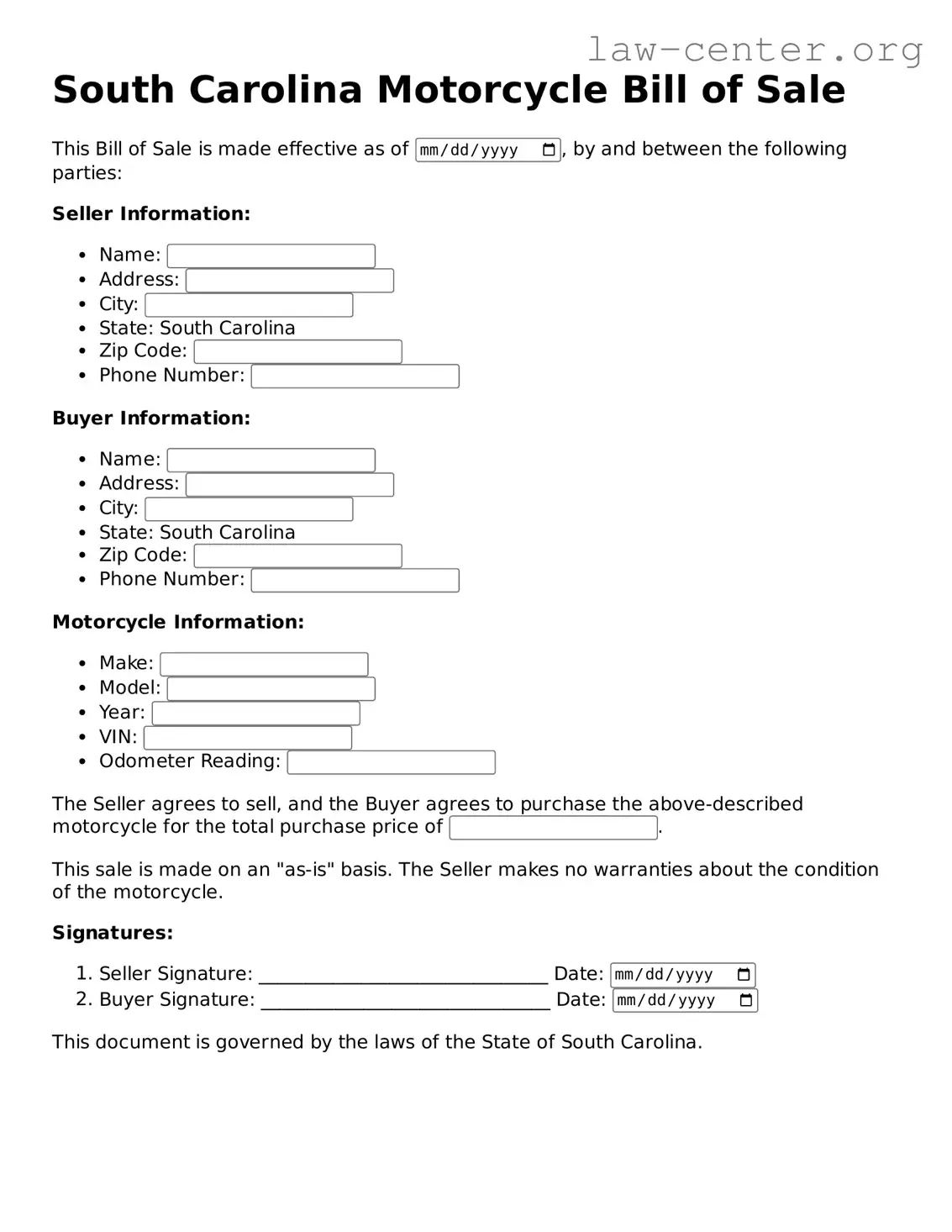 Attorney-Approved South Carolina Motorcycle Bill of Sale Document