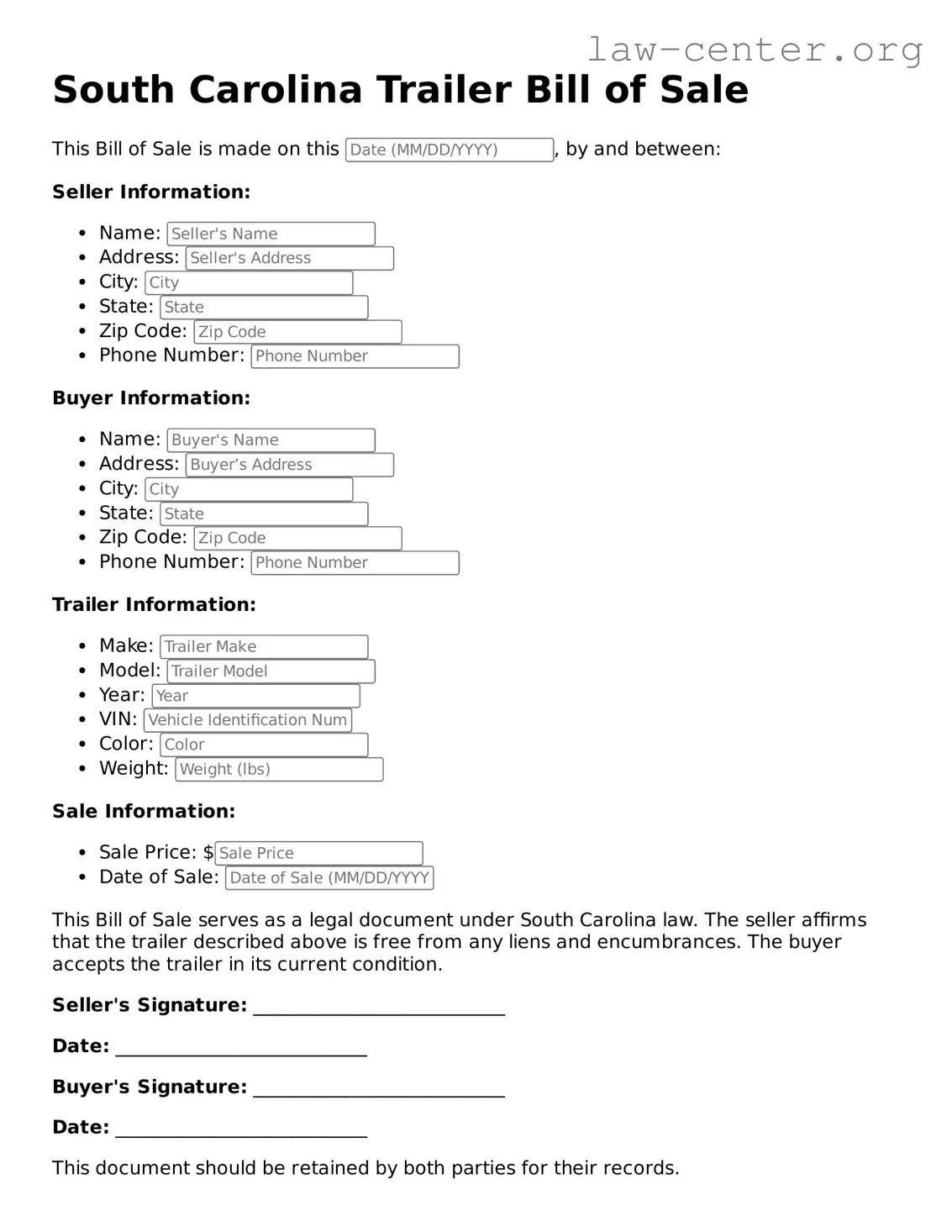 Attorney-Approved South Carolina Trailer Bill of Sale Document