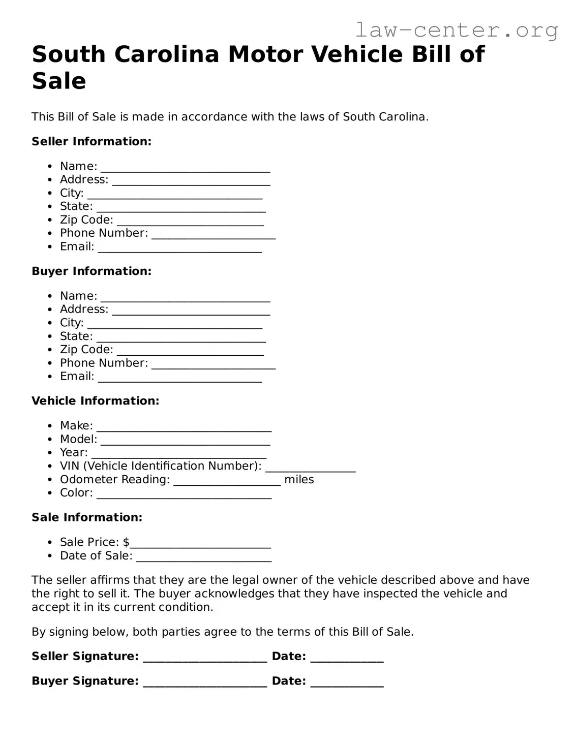 Attorney-Approved South Carolina Motor Vehicle Bill of Sale Document