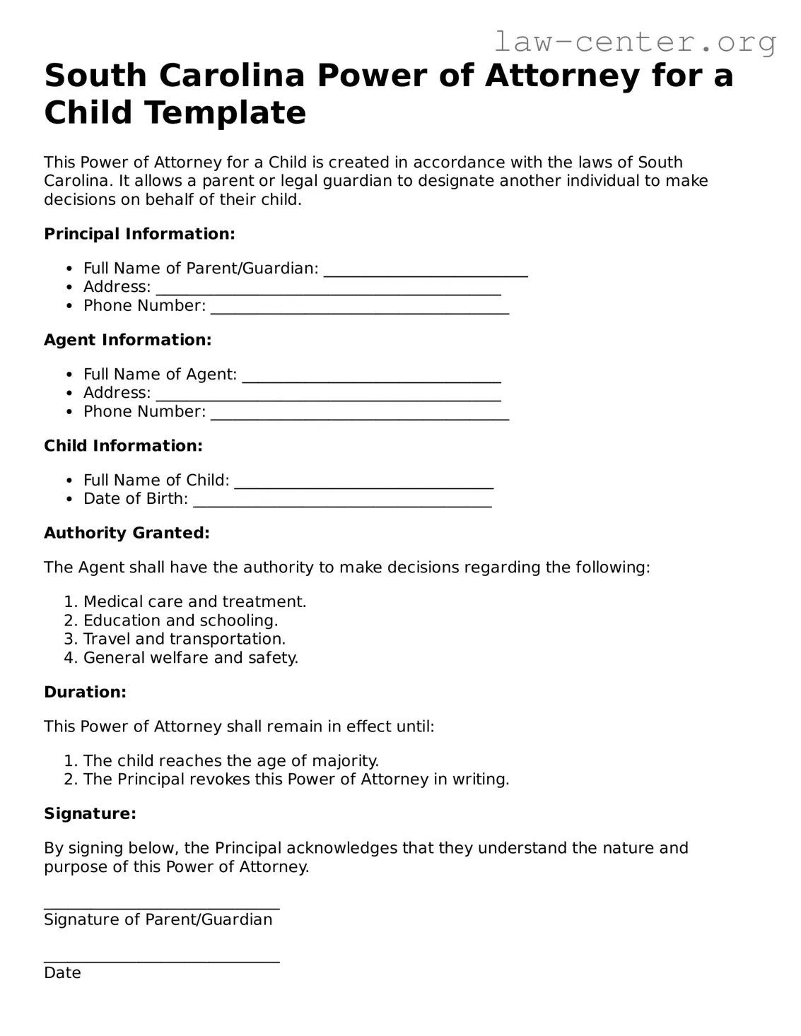 Attorney-Approved South Carolina Power of Attorney for a Child Document
