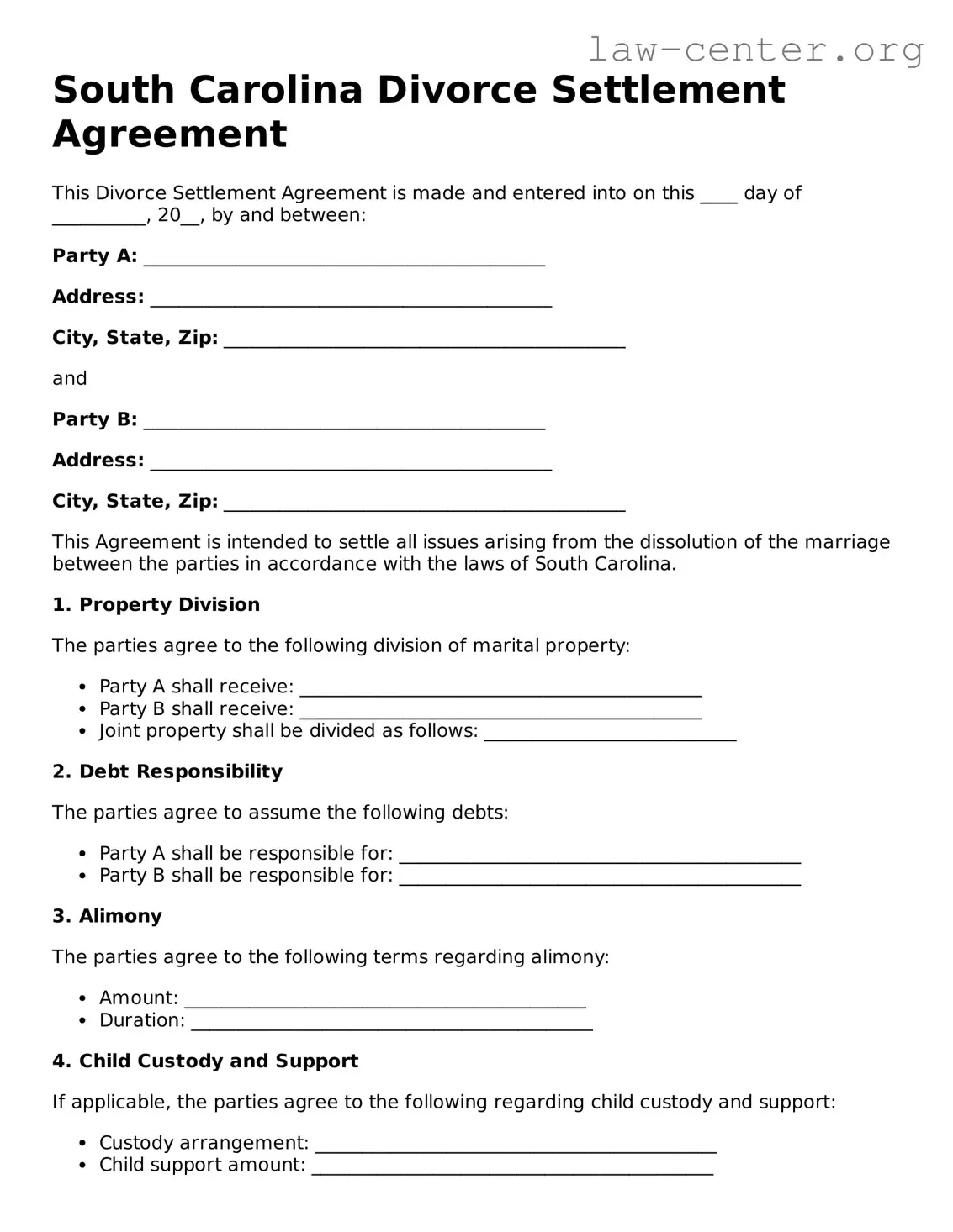 Attorney-Approved South Carolina Divorce Settlement Agreement Document