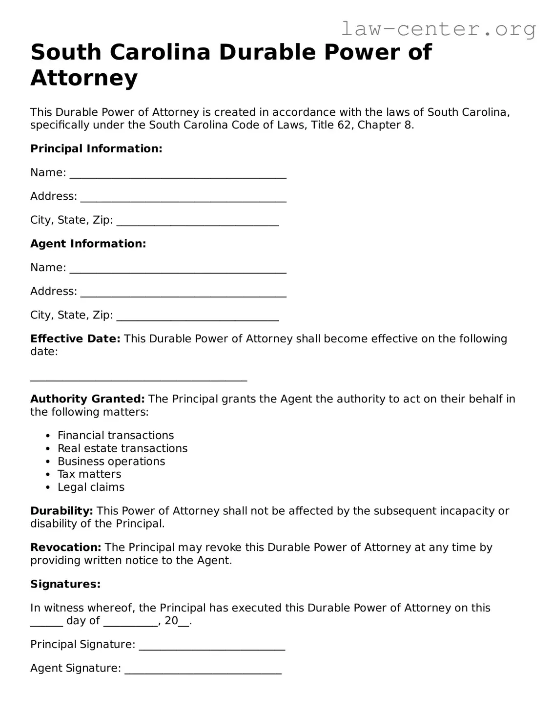 Attorney-Approved South Carolina Durable Power of Attorney Document