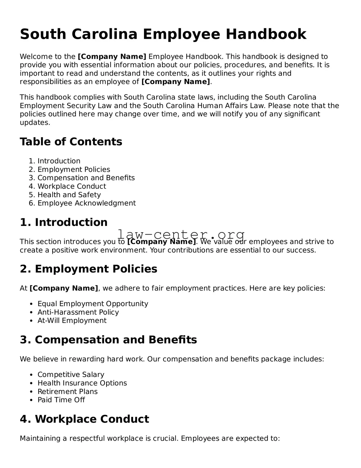 Attorney-Approved South Carolina Employee Handbook Document