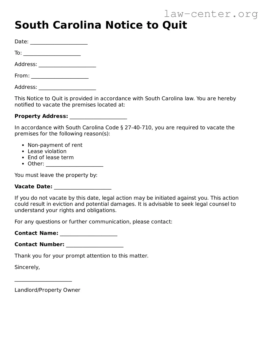 Attorney-Approved South Carolina Notice to Quit Document