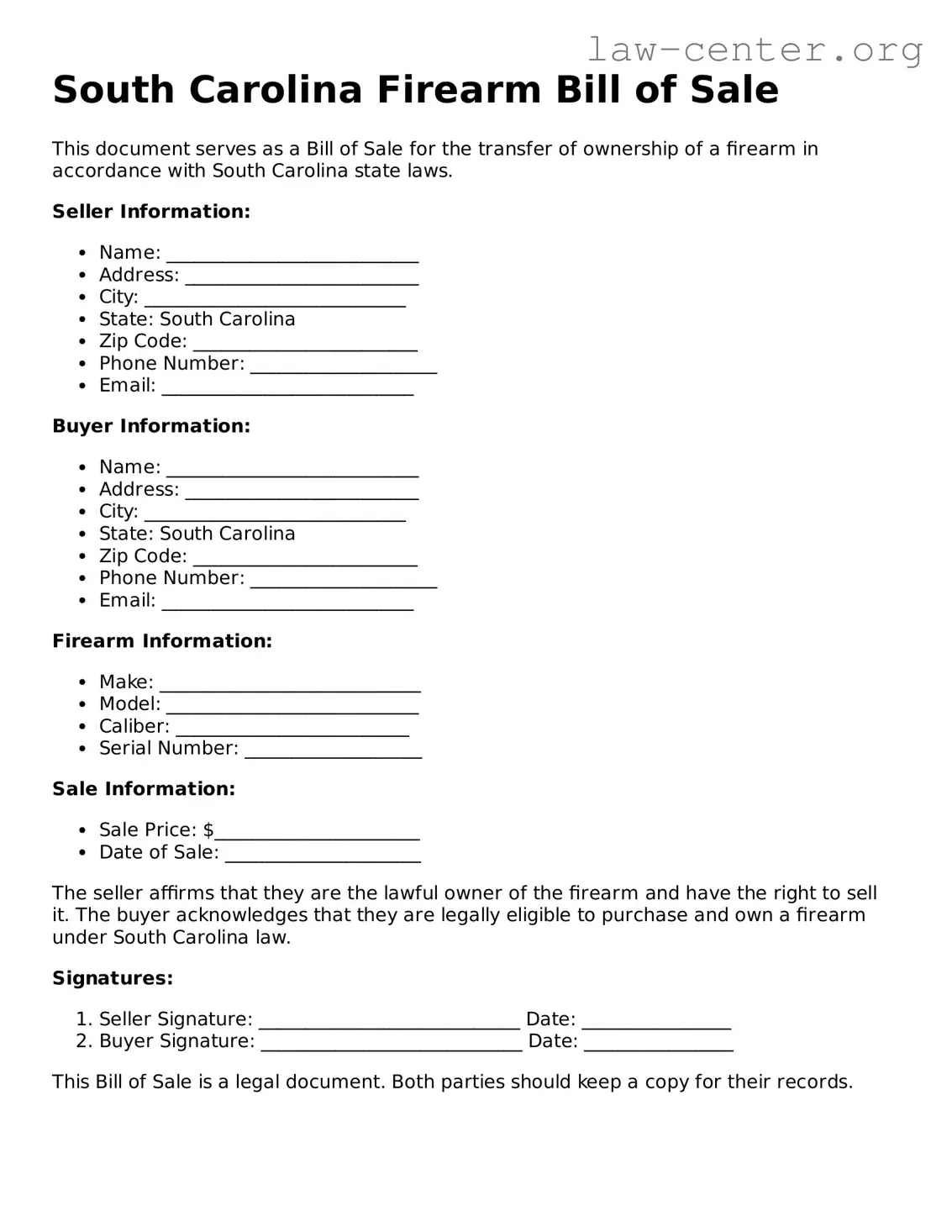 Attorney-Approved South Carolina Firearm Bill of Sale Document