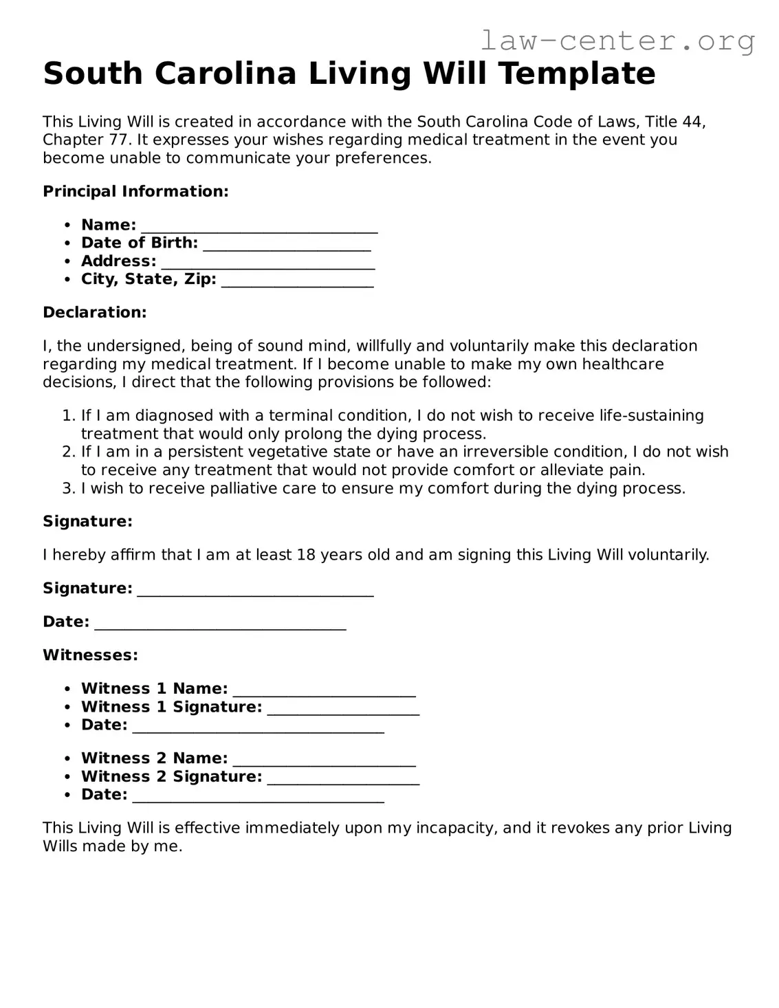 Attorney-Approved South Carolina Living Will Document