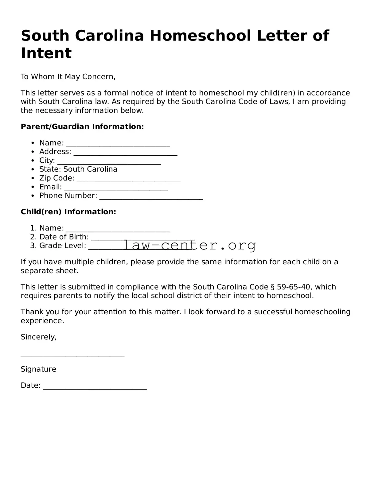 Attorney-Approved South Carolina Homeschool Letter of Intent Document
