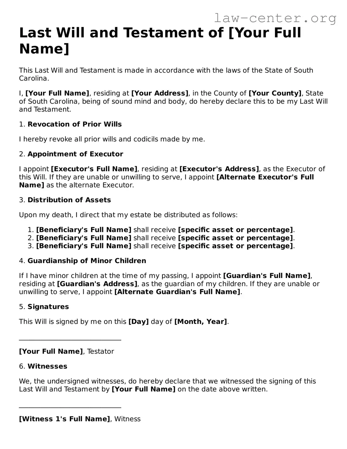 Attorney-Approved South Carolina Last Will and Testament Document