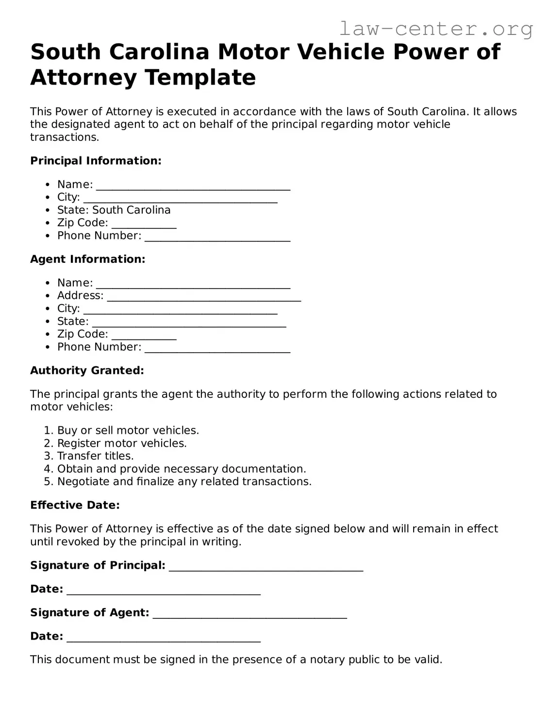 Attorney-Approved South Carolina Motor Vehicle Power of Attorney Document