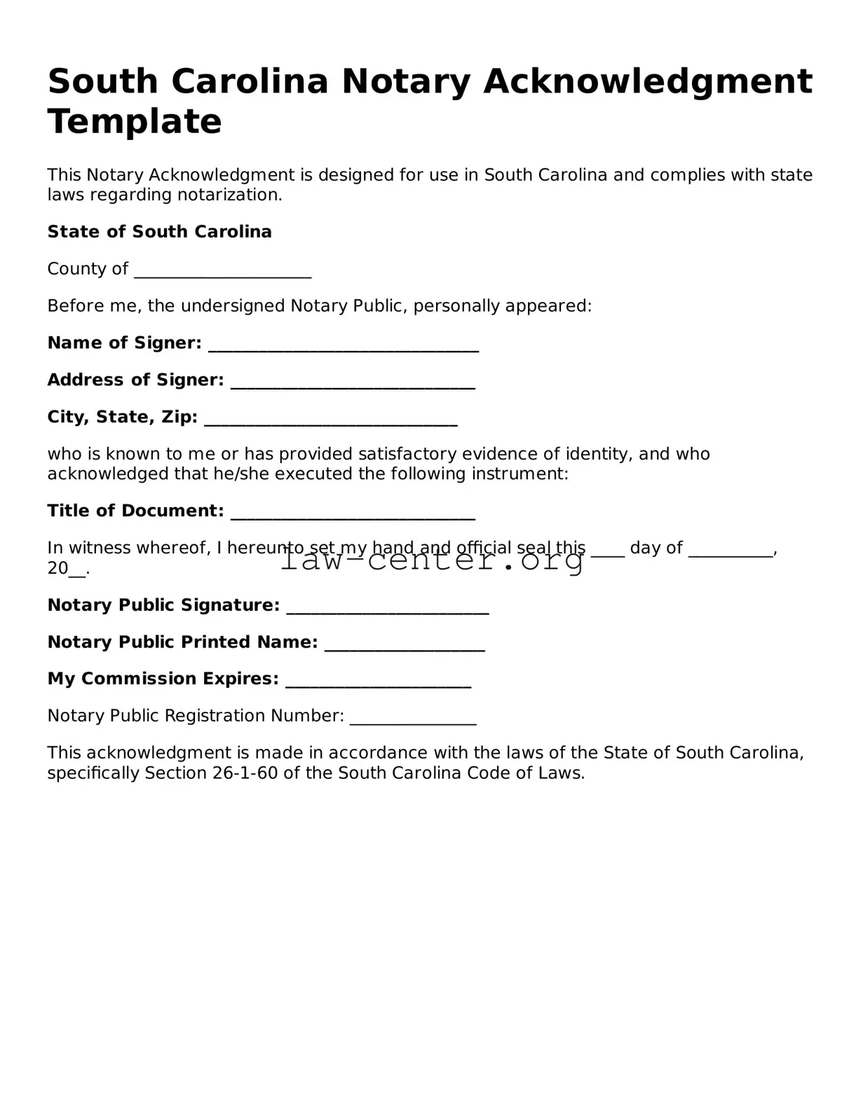 Attorney-Approved South Carolina Notary Acknowledgement Document