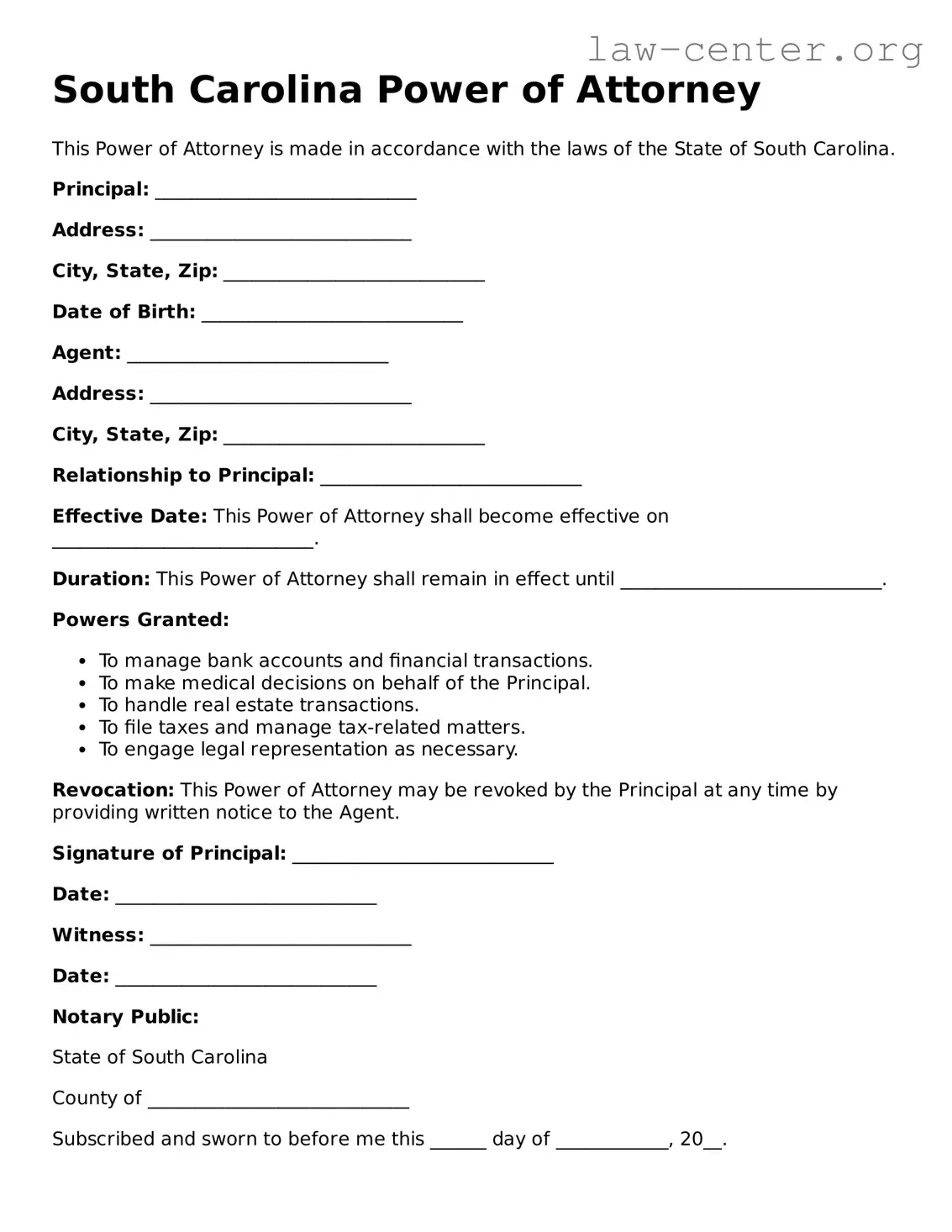 Attorney-Approved South Carolina Power of Attorney Document