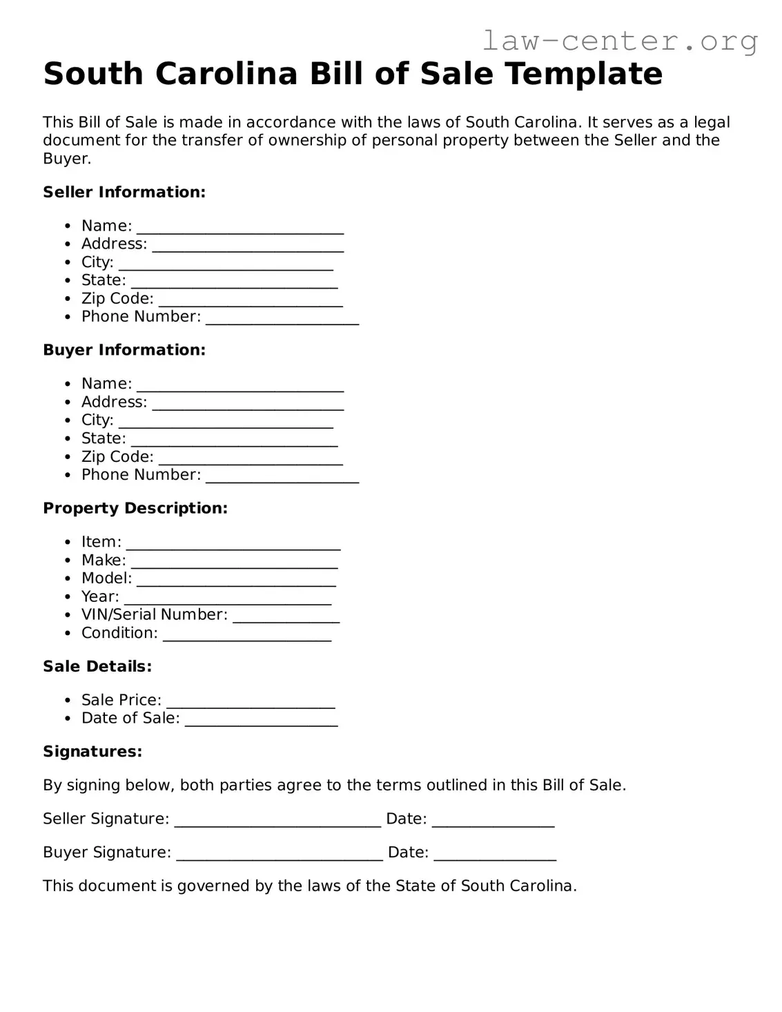 Attorney-Approved South Carolina Bill of Sale Document