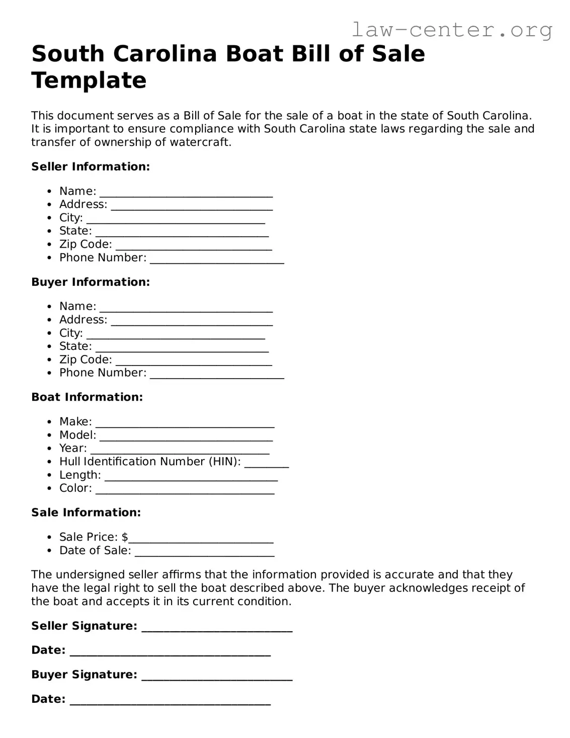 Attorney-Approved South Carolina Boat Bill of Sale Document