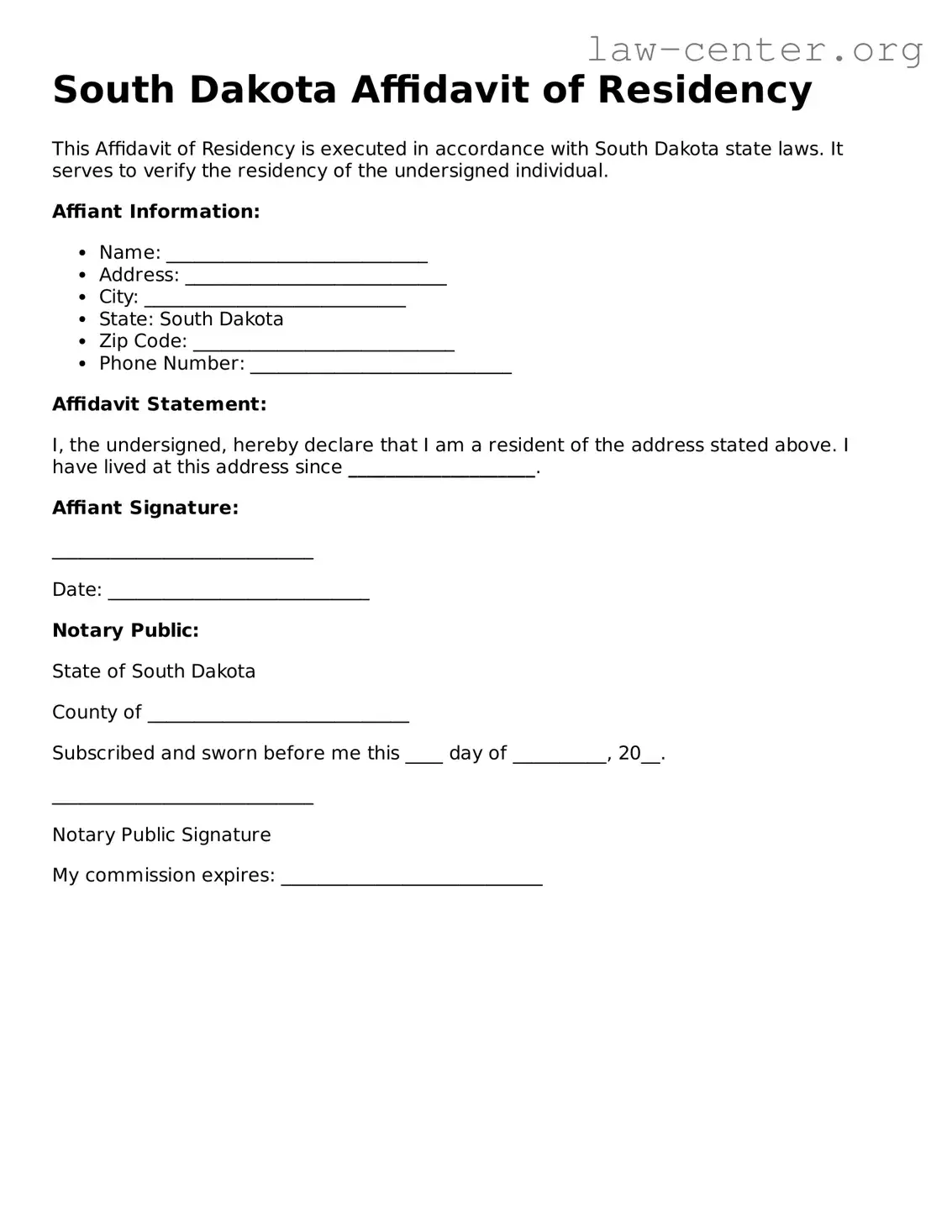 Attorney-Approved South Dakota Affidavit of Residency Document