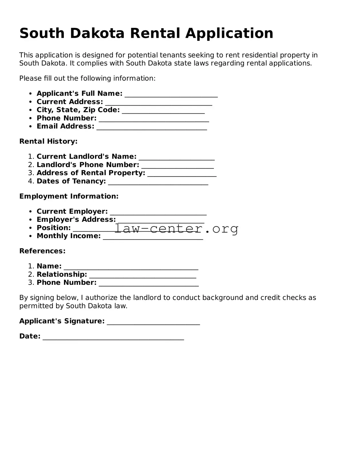 Attorney-Approved South Dakota Rental Application Document