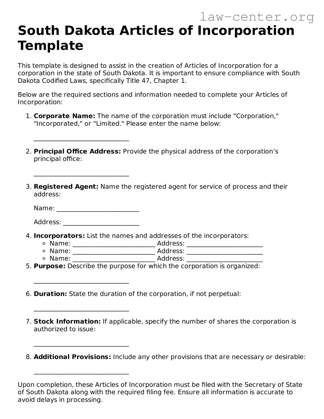Attorney-Approved South Dakota Articles of Incorporation Document