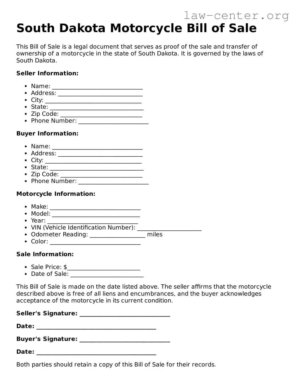 Attorney-Approved South Dakota Motorcycle Bill of Sale Document