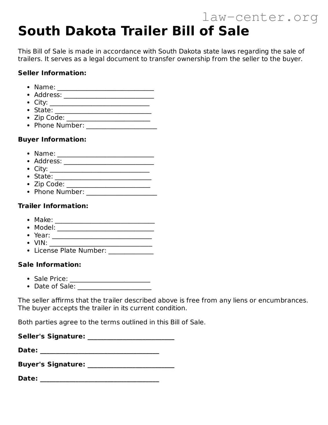 Attorney-Approved South Dakota Trailer Bill of Sale Document