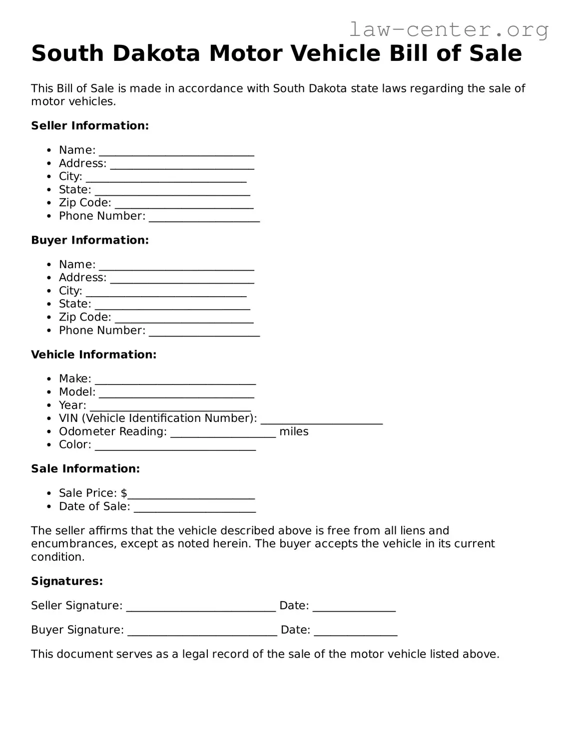 Attorney-Approved South Dakota Motor Vehicle Bill of Sale Document