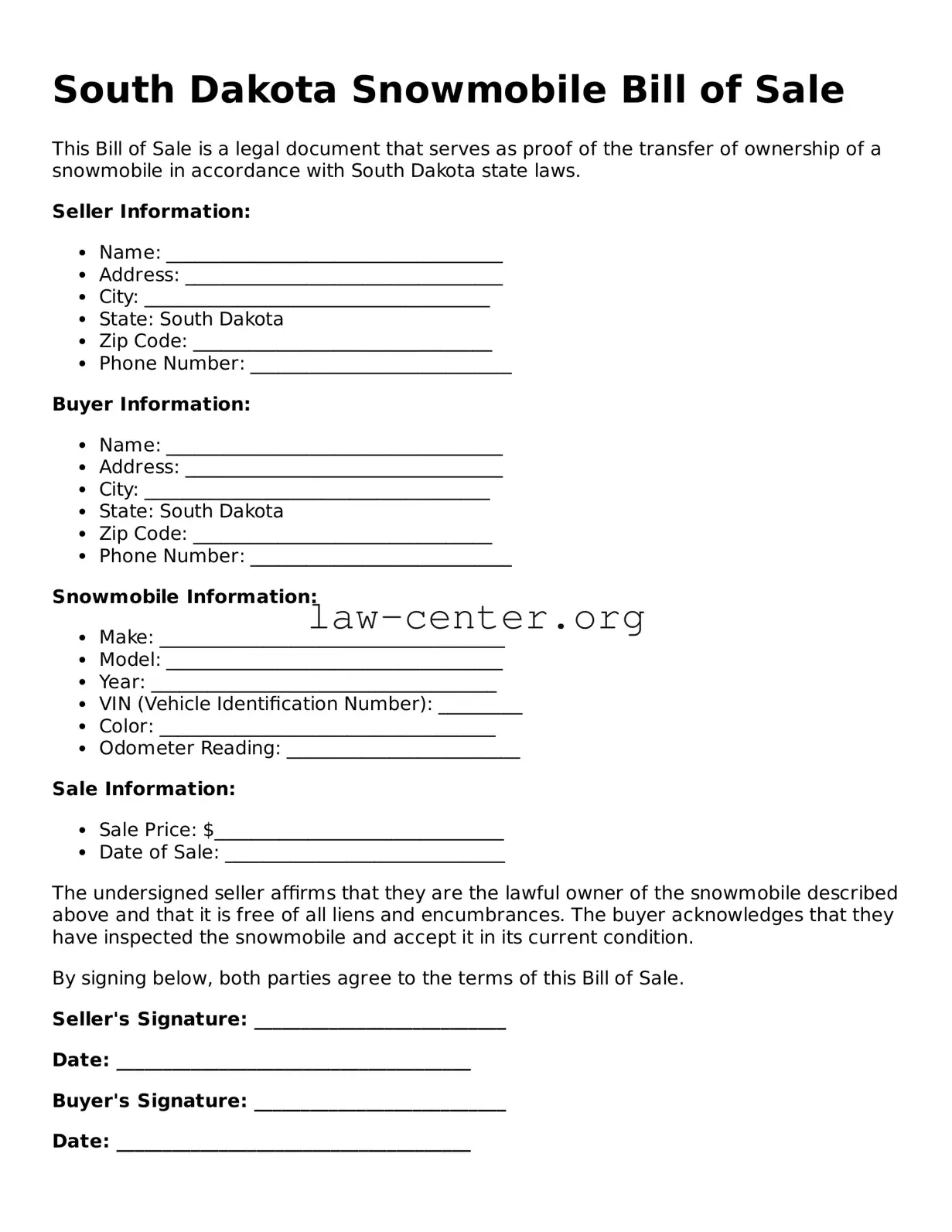 Attorney-Approved South Dakota Snowmobile Bill of Sale Document
