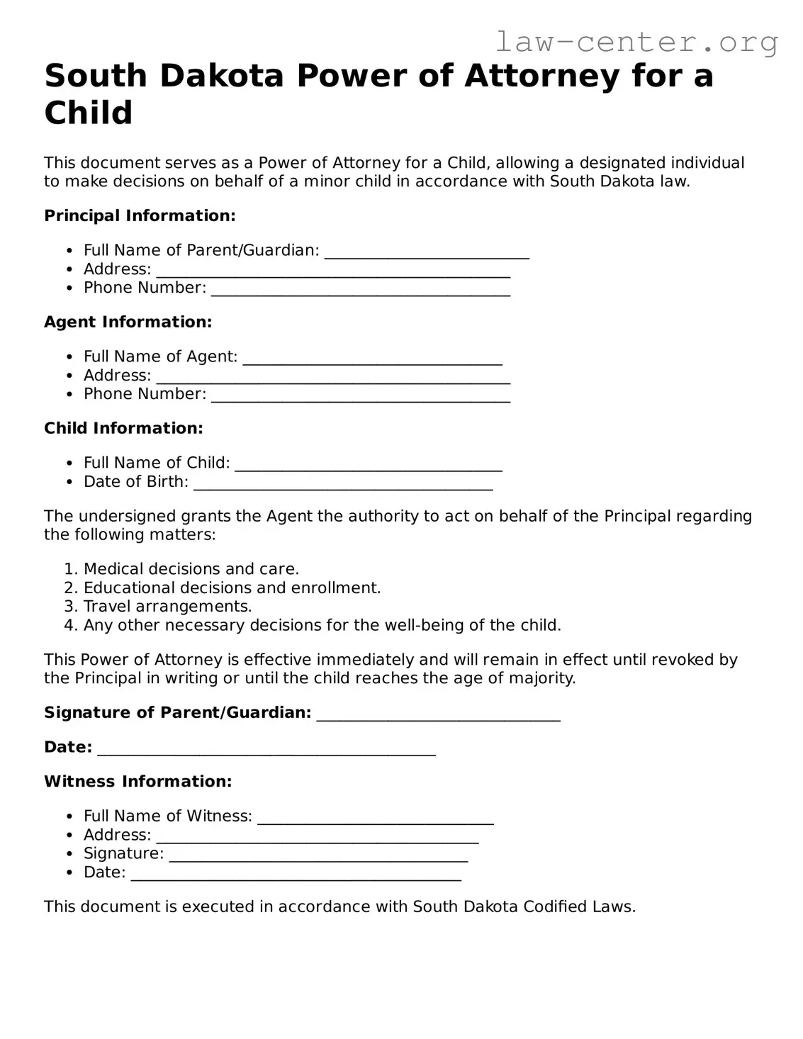 Attorney-Approved South Dakota Power of Attorney for a Child Document