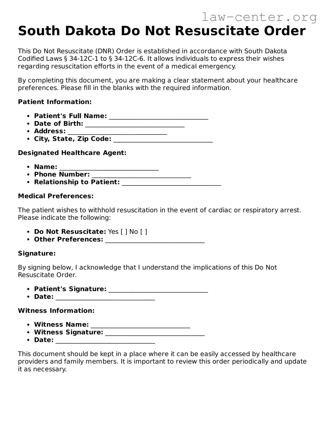 Attorney-Approved South Dakota Do Not Resuscitate Order Document