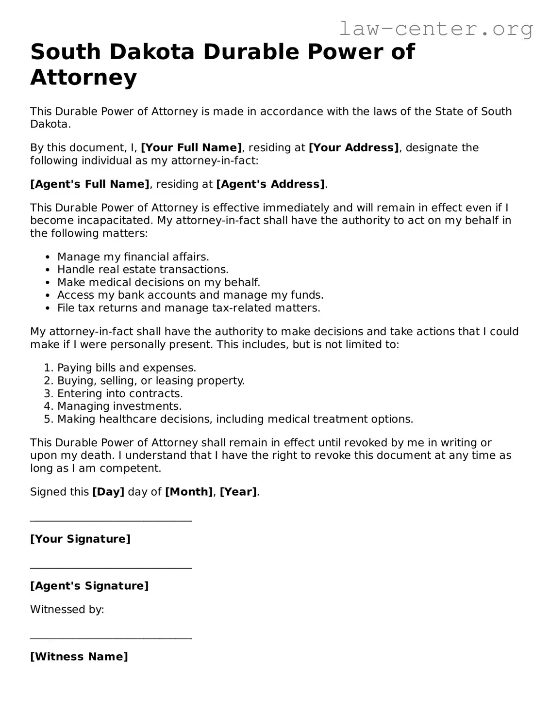 Attorney-Approved South Dakota Durable Power of Attorney Document