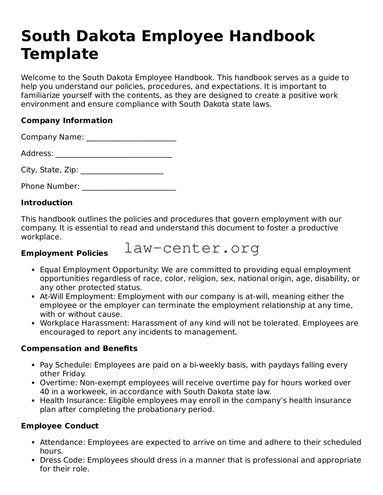 Attorney-Approved South Dakota Employee Handbook Document