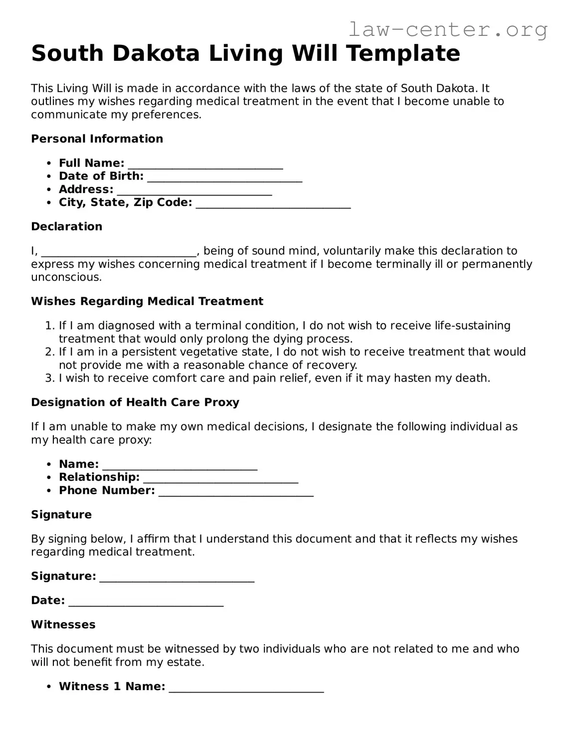 Attorney-Approved South Dakota Living Will Document