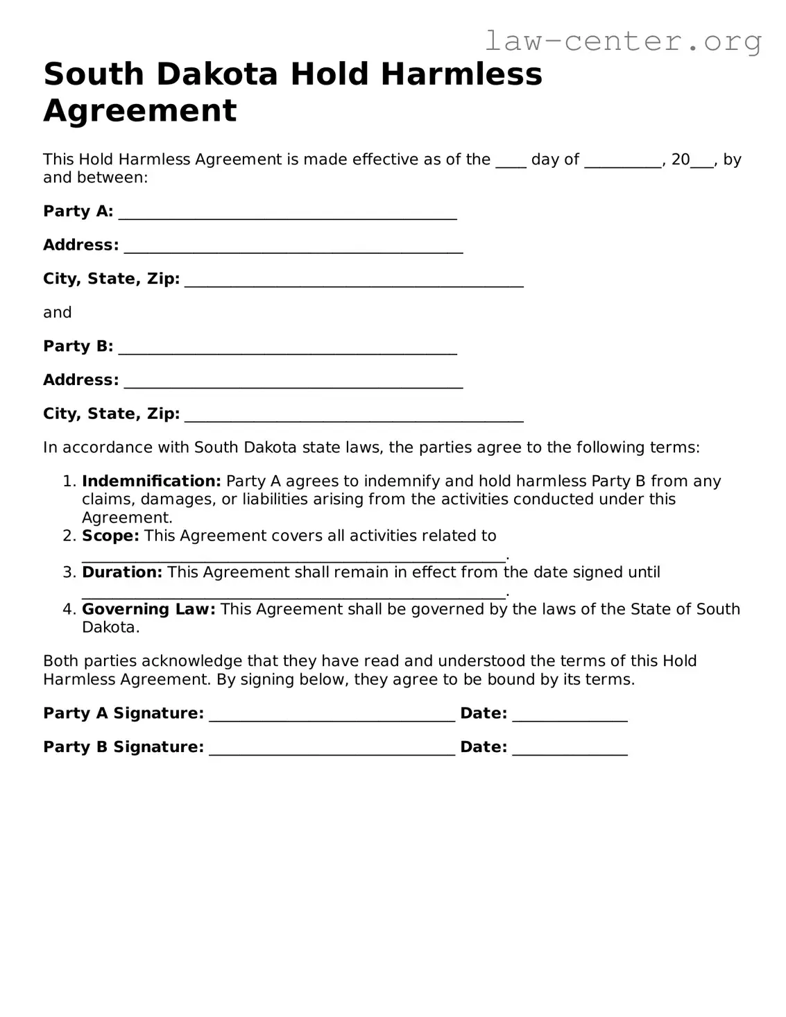 Attorney-Approved South Dakota Hold Harmless Agreement Document