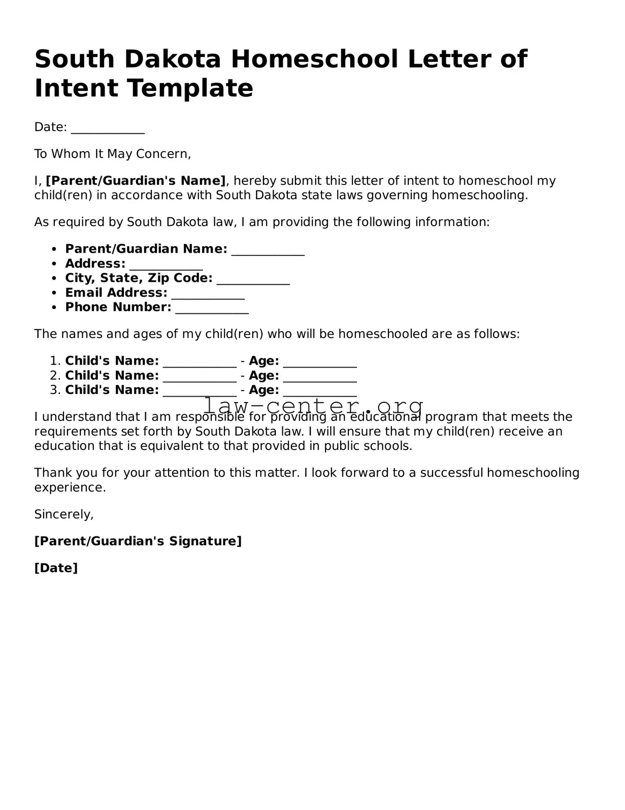 Attorney-Approved South Dakota Homeschool Letter of Intent Document