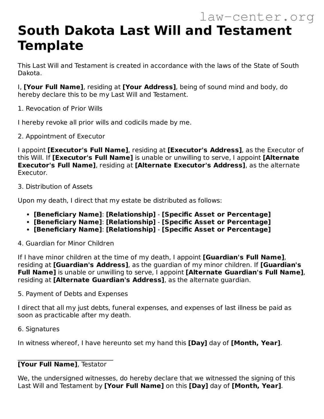 Attorney-Approved South Dakota Last Will and Testament Document