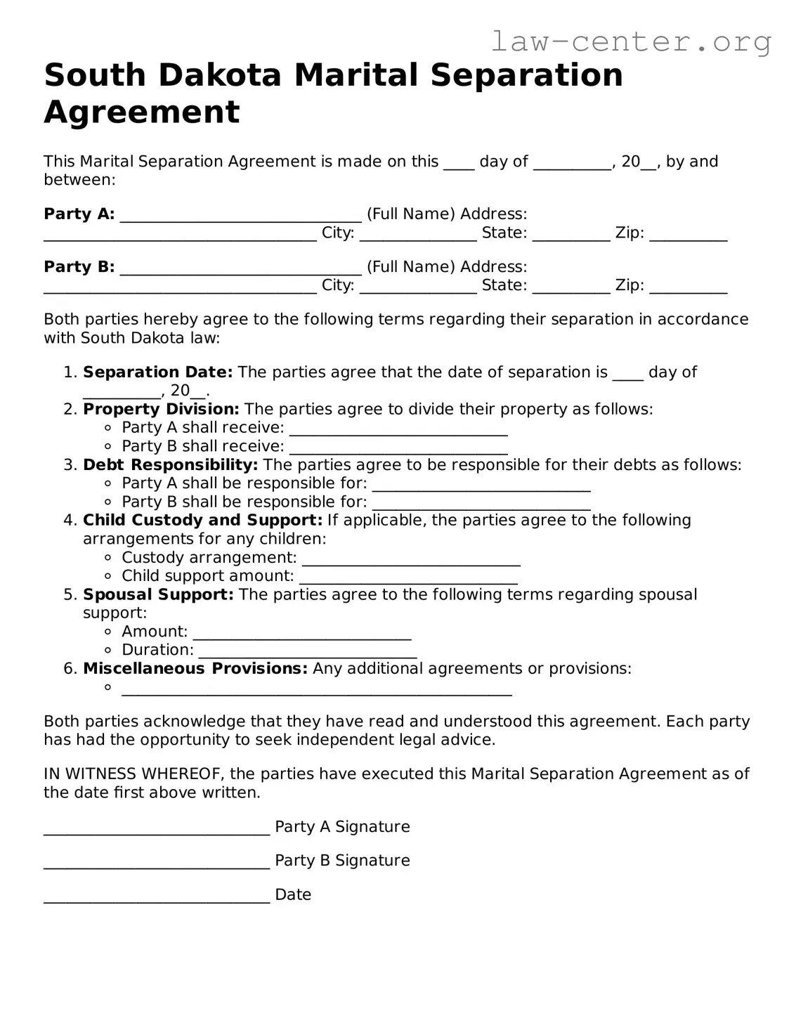 Attorney-Approved South Dakota Marital Separation Agreement Document