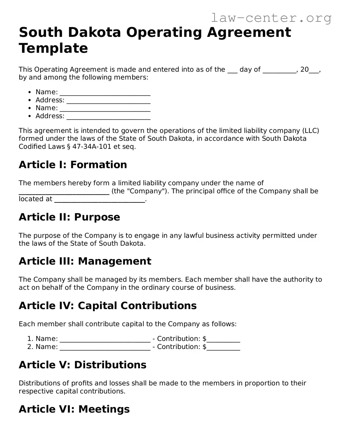 Attorney-Approved South Dakota Operating Agreement Document