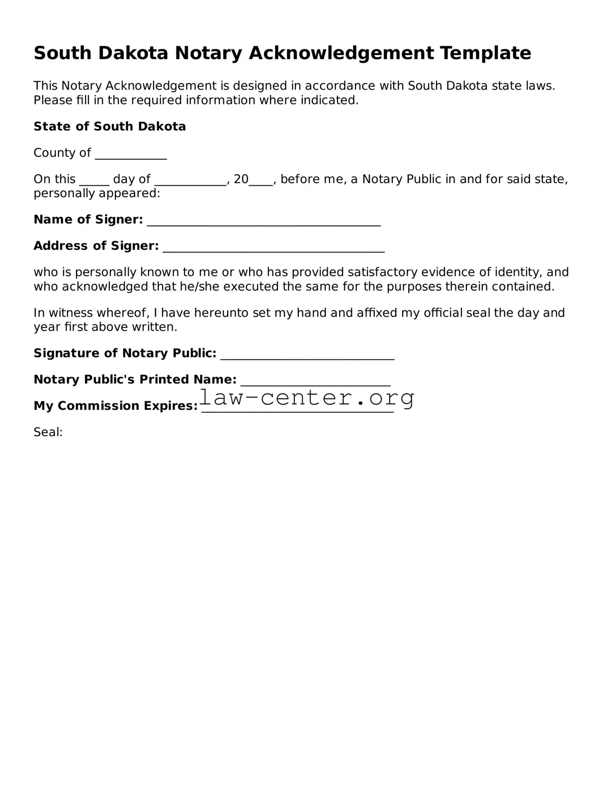 Attorney-Approved South Dakota Notary Acknowledgement Document