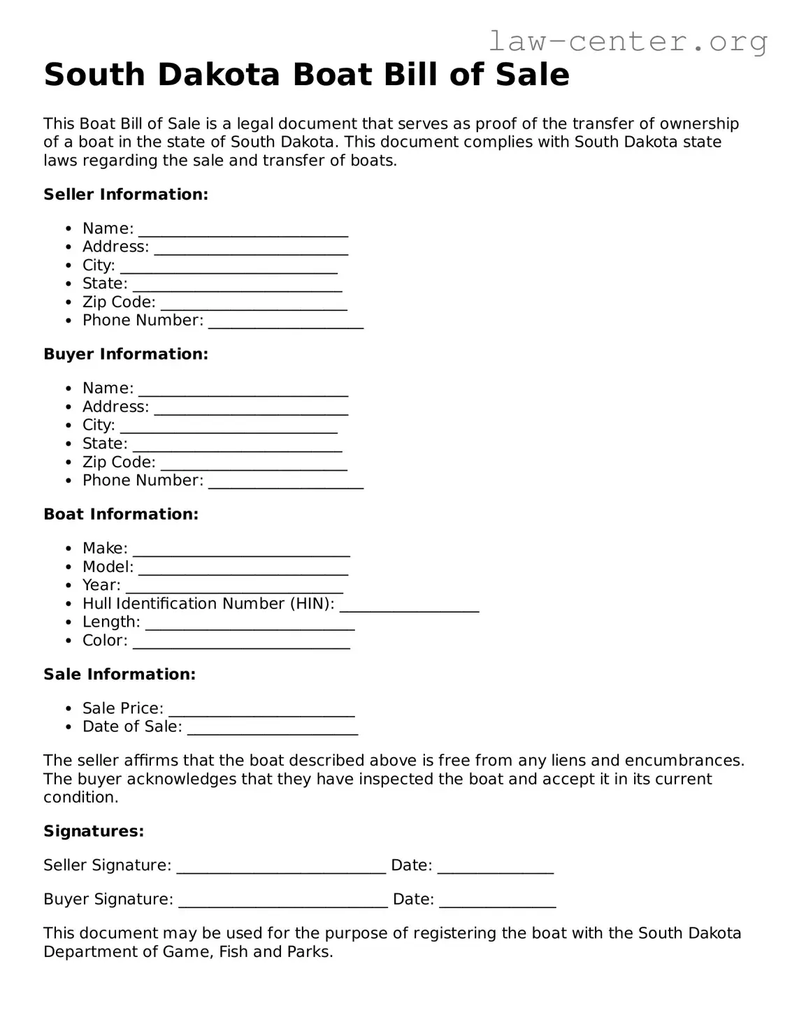 Attorney-Approved South Dakota Boat Bill of Sale Document