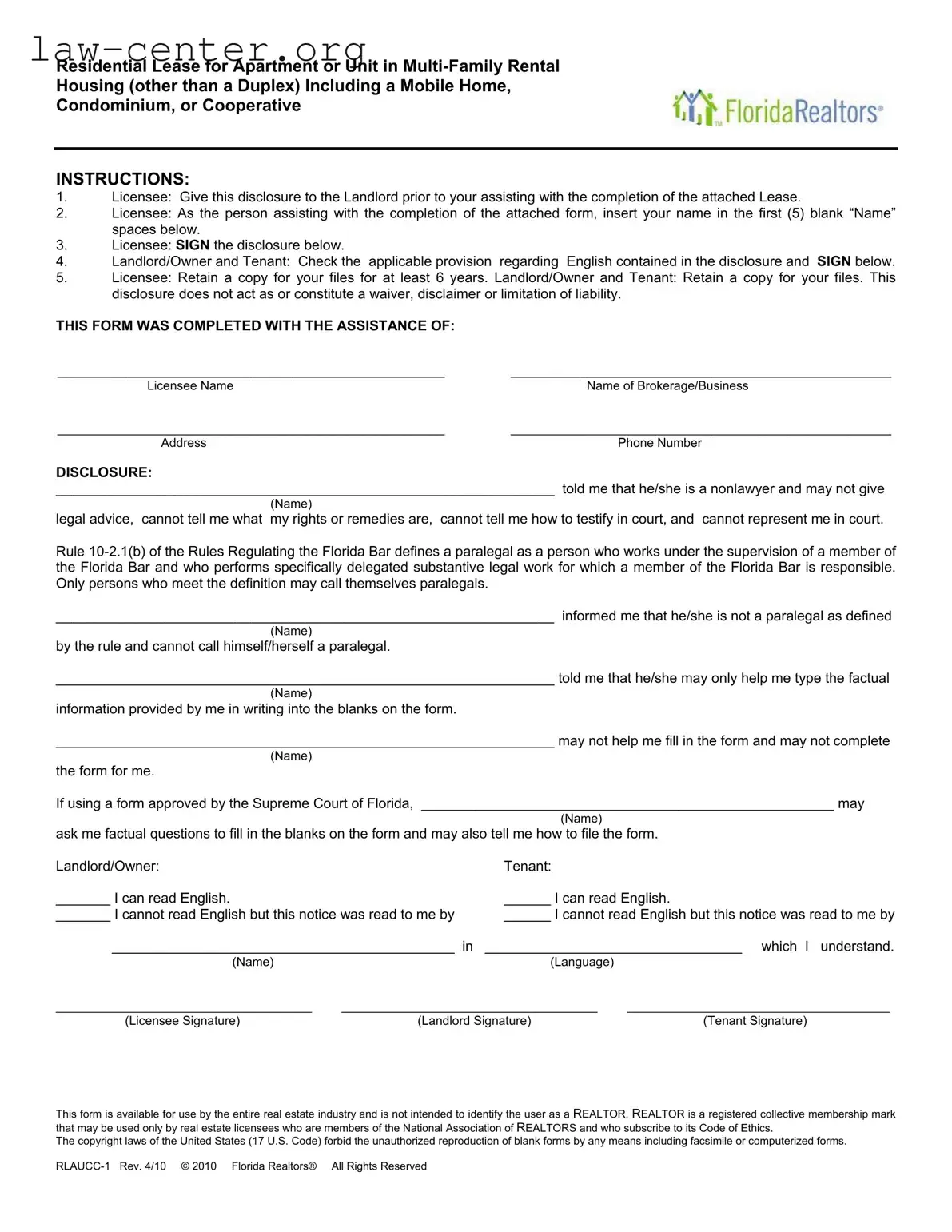 Get Florida Realtors Residential Lease Form