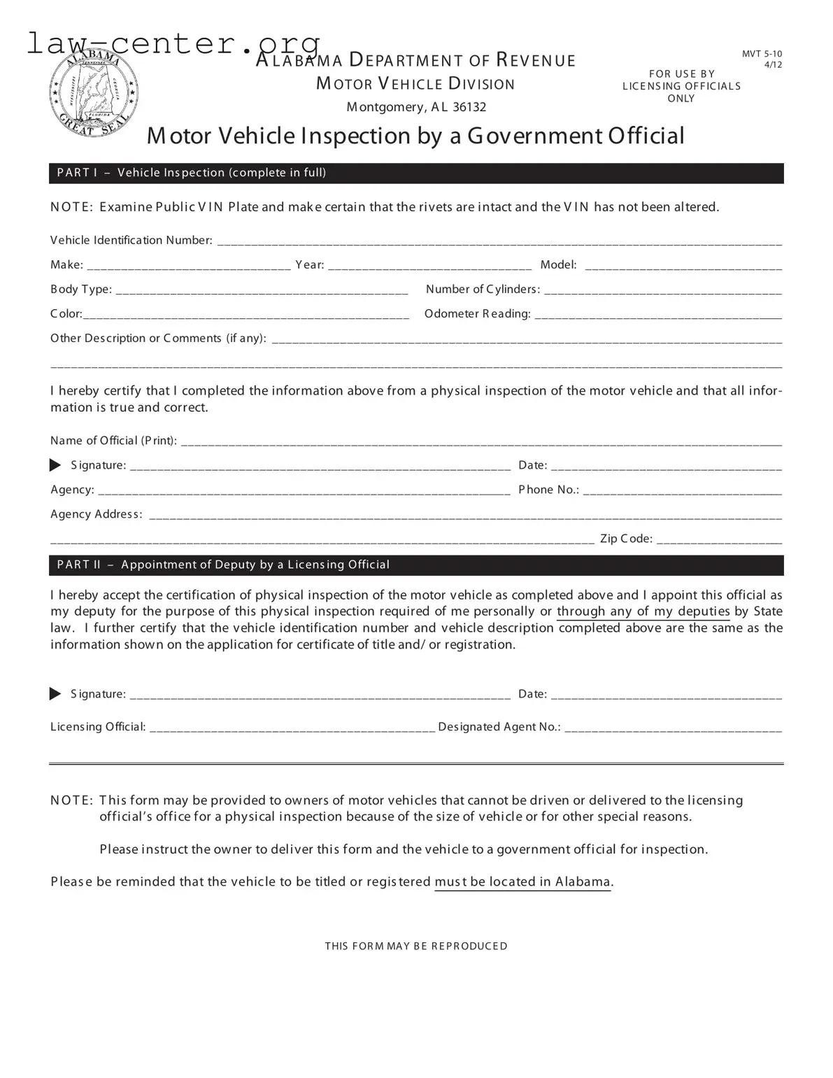 Get Alabama Vin Inspection Form