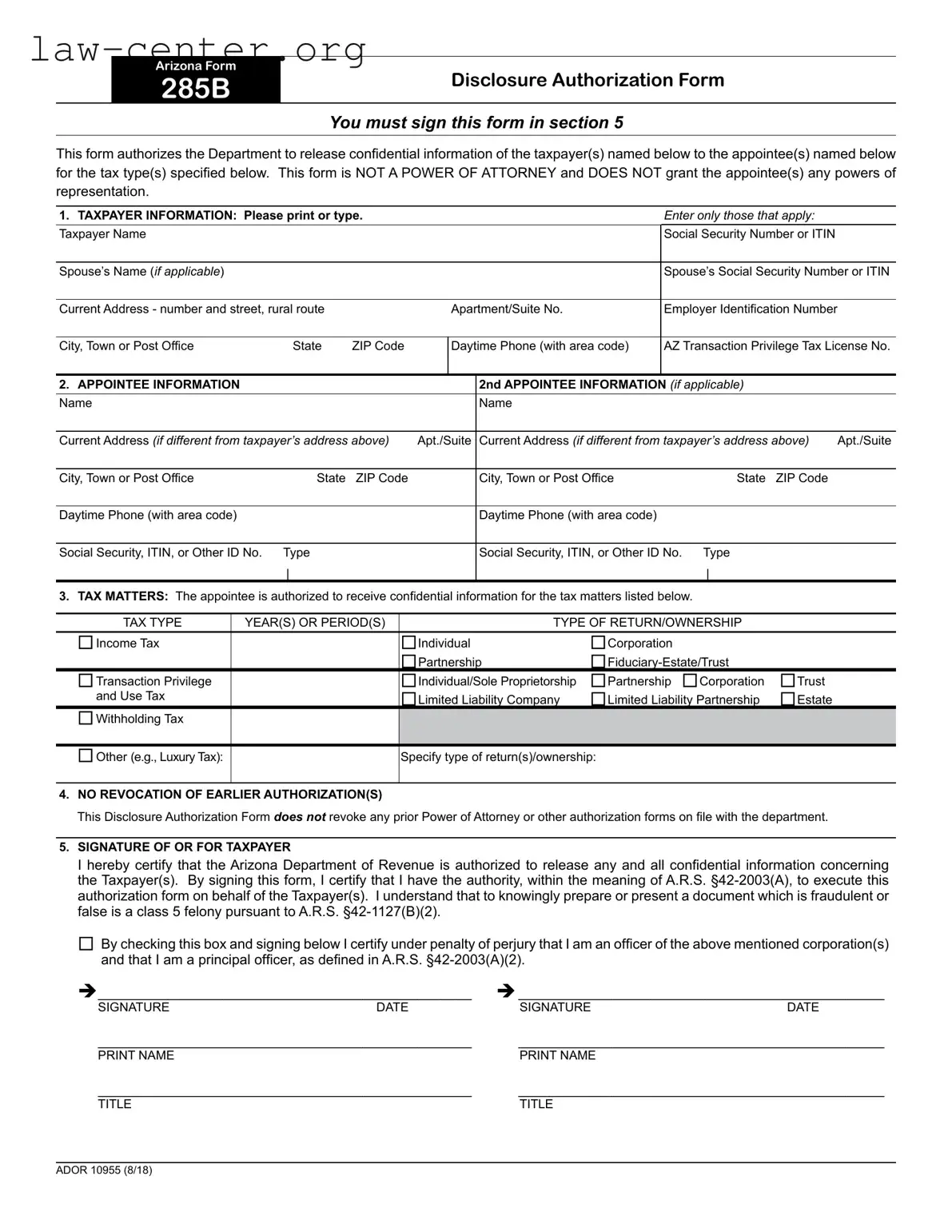 Get Arizona 285 Form