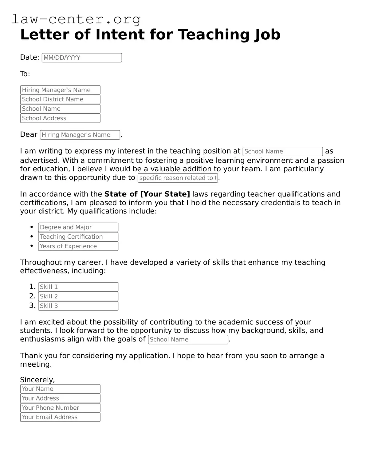 Free Letter of Intent for a Teaching Job Template