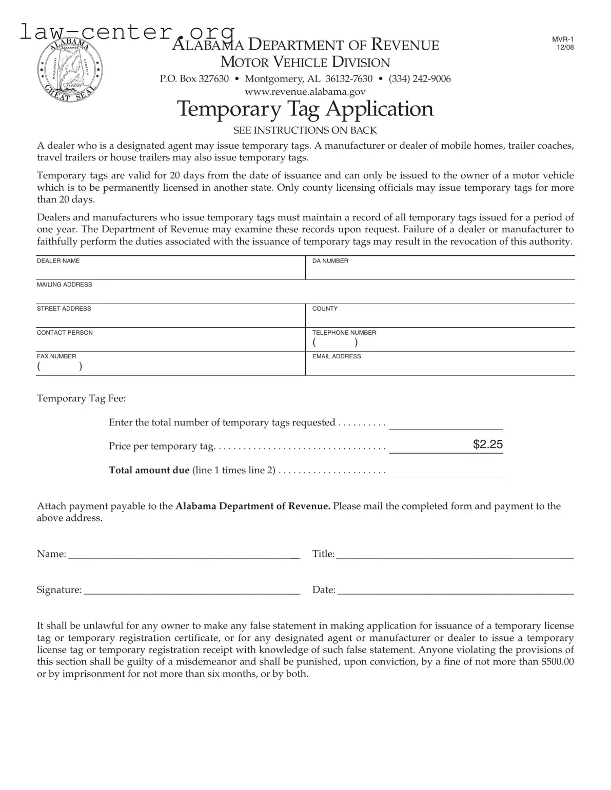 Get Alabama Temporary Tag Application Form