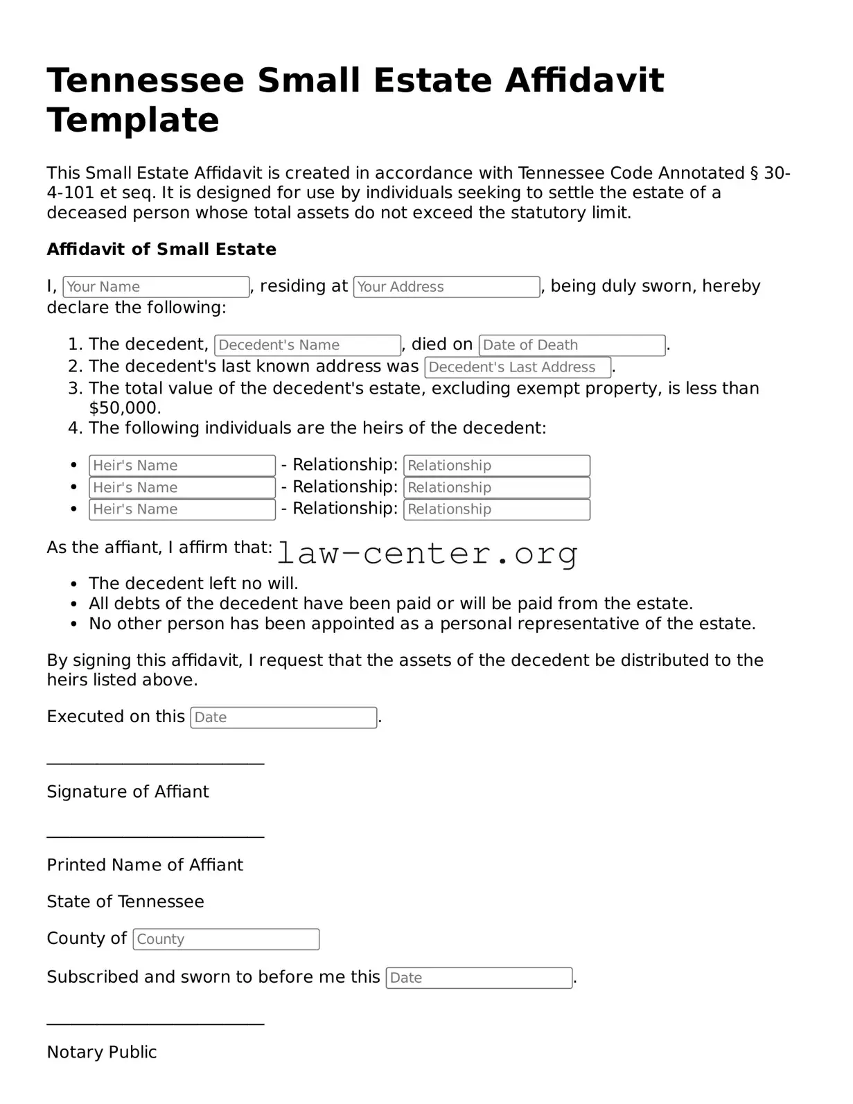 Attorney-Approved Tennessee Small Estate Affidavit Document