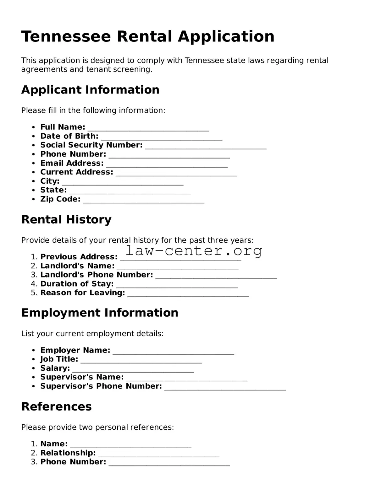 Attorney-Approved Tennessee Rental Application Document