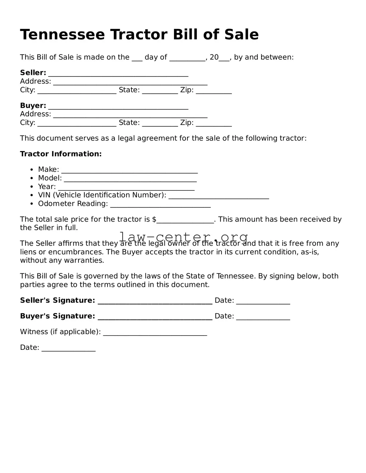 Attorney-Approved Tennessee Tractor Bill of Sale Document