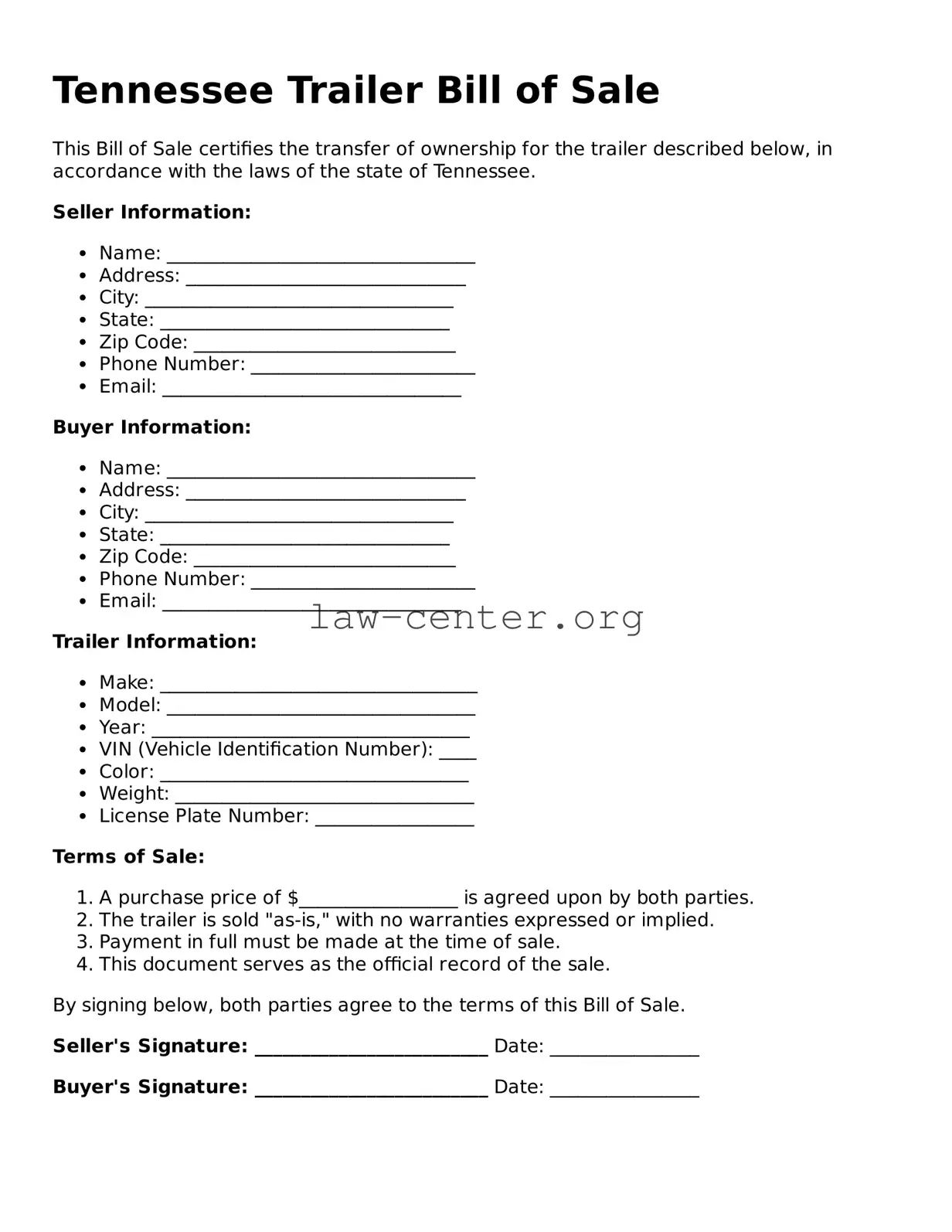 Attorney-Approved Tennessee Trailer Bill of Sale Document